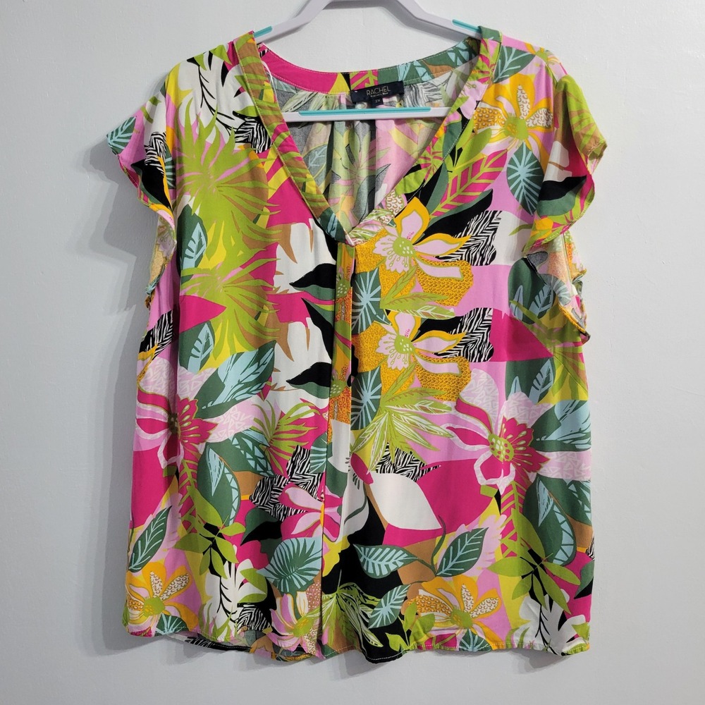 RACHEL Rachel Roy Blouse Womens 2X Tropical Floral Pink V Neck Rayon Plus Size